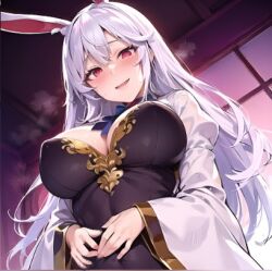 ai_generated breasts bunny_ears bunny_girl kaifuku_jutsushi_no_yarinaoshi lapiz_(kaifuku) looking_down_at_viewer naughty_face redo_of_healer white_background