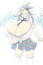 1girls angel angel_wings bra bra_cups_sticking_out breasts breasts_bigger_than_head chastity_(matsu-sensei) cleavage earrings female female_only front-tie_top grey_hair halo hyper hyper_breasts matsu-sensei original original_character skirt solo thighhighs top_heavy twintails