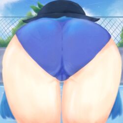 ass bent_over blue_hair cameltoe crouching crouching_female hat lad_der rachelultrakill swimming_pool swimsuit swimwear tenshi_hinanawi thick_thighs thighs touhou viewed_from_behind vulva