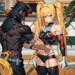 1boy ai_generated blonde_hair feeling_up female heavy_petting midriff muscular_female navel phantasy_star_online_2 touching_abs