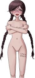 arms_crossed bangs beauty_mark blush body_writing braid braided_ponytail braided_twintails completely_nude completely_nude_female danganronpa danganronpa:_trigger_happy_havoc danganronpa_s:_ultimate_summer_camp drool drooling edit female fukawa_touko glasses human kosine1777 mole mole_under_mouth nude_filter pussy snot snot_drip sprite sprite_edit tagme transparent_background twintails