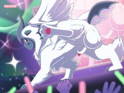 2021 4:3 absol absurd_res animal_genitalia backsack balls big_balls black_horn claws fangs feral fur genitals glowstick group hi_res horn large_group looking_at_viewer looking_back male male_only mammal mega_absol mega_evolution nikkibunn nintendo pawpads penis pink_pawpads pokemon pokemon_(species) presenting public raised_leg red_eyes sheath smile stage teeth white_body white_fur wings