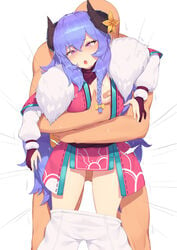 1boy 2020 ahoge alternate_costume alternate_eye_color alternate_hair_color alternate_hairstyle bandaid bandaids_on_nipples bangs blush breast_grab breasts ce-_-3 curled_horns dress eyebrows_visible_through_hair female fingerless_gloves flower fur gloves grabbing hair_between_eyes hair_flower hair_ornament highres horns implied_sex japanese_clothes kindred lamb_(league_of_legends) league_of_legends lifting_person long_hair no_bra no_panties nude open_mouth pants pants_removed partly_fingerless_gloves pasties pepper0 purple_hair ribbon riot_games sex simple_background small_breasts spirit_blossom_kindred spirit_blossom_series straight sweat tearing_up twintails vaginal_penetration white_fur