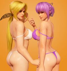 1girls 2girls 3d 3d_(artwork) asian_female ass_visible_through_thighs ayane_(doa) back back_view big_ass big_breasts big_thighs bikini bikini_bottom bikini_top blonde_hair blue_eyes dead_or_alive dead_or_alive_5 dead_or_alive_5_last_round dead_or_alive_xtreme_beach_volleyball eyelashes female french_female helena_douglas lavender_hair long_hair looking_at_another looking_at_partner looking_at_viewer looking_back looking_down looking_pleasured orgasm_face pleasure_face ponytail purple_hair red_eyes short_hair smile tagme thesuperwarrior(artist) white_body yellow_background