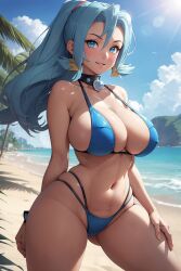 1girls ai_generated beach bikini blue_hair clair_(pokemon) human_characters_in_pokémon large_breasts nipples_visible_through_clothing pokemon