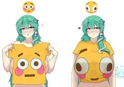 2girls big_breasts blue_eyes blush blushing_emoji breasts convenient_censoring emoji flushed_emoji_shirt funny green_hair hairclip huge_breasts implied_nudity light-skinned_female long_hair meme omikami open_mouth sanae_kochiya shirt suwako_moriya touhou white_background