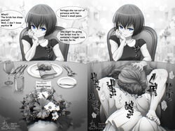 1futa 1girls barefoot black_and_white blowjob blue_eyes bride cheating cheating_bride cheating_on_wedding_day cheating_wife cucked_by_futa cuckold cuckold_pov dialogue english_text fellatio female futa_is_bigger futa_on_female futanari hand_on_head human implied_fellatio implied_futanari implied_oral larger_female looking_at_viewer monochrome muchin netorare ntr oral oral_sex satsuki_fujisawa_(muchin) size_difference small_dom_big_sub small_penis_humiliation smaller_futanari smile smug solo_focus speech_bubble stealth_fellatio stealth_oral stealth_sex table text under_the_table wedding wedding_dress