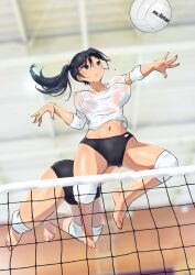 1girls ai_generated athletic_female bad_anatomy barefoot black_hair blue_eyes borusen human_taur jumping kneepads multi_leg multi_limb tagme volleyball white_shirt