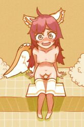 1girls adrestianmomo animal_ears blush breasts embarrassed embarrassed_nude_female female female_only fire_emblem fire_emblem_heroes looking_at_viewer nintendo nipples pubic_hair ratatoskr_(fire_emblem) small_breasts solo squirrel_ears squirrel_girl squirrel_tail tail towel