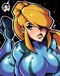 1girls blonde_hair blue_eyes breasts cleavage curvy legendofnerd looking_at_viewer lying lying_on_stomach metroid one_eye_covered one_eye_obstructed plump samus_aran solo zero_suit_samus