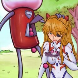 1boy 1girls asuka_langley_sohryu benson bodysuit como_tan_muchacho eyepatch female gumball gumball_machine implied_oral kaizerkev96 neon_genesis_evangelion park pilot_suit plugsuit rebuild_of_evangelion redhead regular_show saliva sex tongue_out