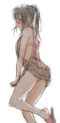 aged_down alternate_costume androgynous apron blush crossdressing embarrassed femboy fully_clothed gintama hijikata_toshiro long_hair long_hair_male looking_at_viewer looking_back male male_only mame_(pixiv) ponytail slippers solo virgin_killer_sweater