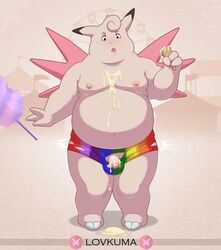 anthro anthrofied clefable clothing dessert food genitals hi_res ice_cream lovkuma male male_only moobs nintendo overweight overweight_anthro overweight_male penis pink_fur pokémon_(species) pokémorph pokemon solo uncut underwear video_games