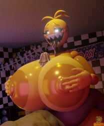 1boy 1girls 3d 3d_(artwork) areolae big_breasts big_penis bodily_fluids breasts cum cum_in_mouth cum_on_breasts female five_nights_at_freddy's five_nights_at_freddy's_2 huge_breasts large_breasts light-skinned_male light_skin male metal_tongue nipples open_mouth paizuri penis scottgames shark tits tongue tongue_out toy_chica_(cyanu) toy_chica_(fnaf) vxast yellow_body yellow_skin