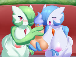 1boy 2girls anthro ball_fondling balls blue_hair breasts duo game_freak gardevoir green_hair hair_over_one_eye handjob ice_cream imminent_oral inverted_nipples jcdr lucy_(jcdr) nipples nougat_(jcdr) open_mouth penis pokemon pokemon_(species) red_eyes threesome tongue tongue_out