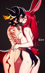 2girls animal_ears ass_grab black_dragon_(ninra) black_hair blonde_hair blush breasts bunny_ears bunny_girl_(ninra) bunny_tail claws collar dragon_girl dragon_horns dragon_tail female french_kissing gradient hair_between_eyes highres horns kissing long_hair looking_at_viewer multiple_girls ninra nipples nude original pussy red_hair short_hair sideboob spiked_collar spikes sweat tail tattoo two_tone_hair yuri