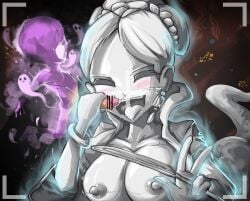 1boy 1girls big_breasts blush bracelet breasts breasts_out camera chobonolly cum earrings eyeless_male female flashing flashing_breasts gameplay_mechanics ghost ghost_(spelunky) ghost_boy ghost_girl handjob male nipples open_mouth penis photo picture smile spelunky spelunky_2