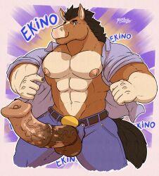 absurd_res animal_genitalia animal_penis anthro balls clothing ekino equid equine equine_genitalia equine_penis erection genitals hi_res horse humanoid male mammal nipples pecs penis pose solo yasser