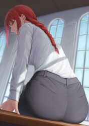 1girls ano_(gccx8784) ass ass_focus big_ass black_pants booty bottomwear braid chainsaw_man clothing dat_ass female female_only hair huge_ass looking_back makima_(chainsaw_man) pants pantylines red_hair shirt solo solo_female topwear white_shirt yellow_eyes