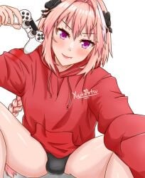 astolfo_(fate) bulge dualsense fate_(series) femboy feminine_male game_controller girly holding_game_controller hoodie male male_only otoko_no_ko otokonoko pink_hair purple_eyes solo tomgirl trap yuukiartsu