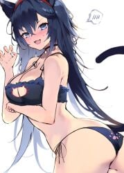 1girls 2024 animal_ears arknights ass_focus bikini black_hair blaze_(arknights) blue_eyes blush boob_window cat_ears cat_tail catgirl highres kemonomimi light-skinned_female light_skin long_hair looking_at_viewer paw_pose plastic_night_q pose posing smile solo standing underwear