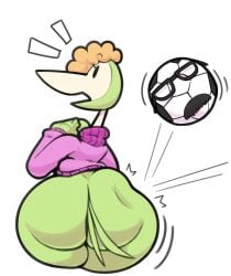 31_minutos anthro ass avian ball balon_von_bola beak big_butt bird bottomless butt_slap clothed clothing duo eyelashes eyewear female glasses green_body hair hi_res jacket jacket_only maddeku motion_lines multicolored_body orange_hair patana rattiesteps simple_background slap soccer soccer_ball sport surprised_expression tail tan_body topwear white_background