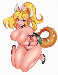 1girls armlet blonde_hair blue_eyes bowsette breasts collar covered_breasts earrings female female_focus female_only genderswap hands_on_breasts horns humanoid kneeling kukumomo large_breasts long_hair looking_at_viewer mario_(series) new_super_mario_bros._u_deluxe nintendo nude nude_female oerba_yun_fang on_knees panties pointy_ears ponytail rule_63 shell slit_pupils smile smiling solo solo_female spiked_armlet spiked_bracelet spiked_collar spiked_shell spiked_tail super_crown tail thick_thighs white_background wristband