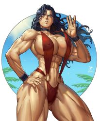 1girls abs angry big_break! bikini black_hair borrowed_character breasts brown_eyes choker cleavage helena_(ignitioncrisis) hi_res hourglass_figure huge_breasts human light-skinned_female long_hair muscular muscular_female muscular_thighs nipple_bulge obliques red_bikini sideboob slingshot_swimsuit thick_thighs wristband xeviousg