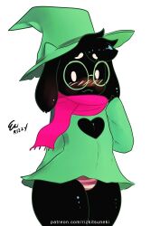 1boy 2019 2d 2d_(artwork) animal_ears anthro artist_name artist_signature black_fur blush blush blush_lines cloak deltarune femboy furry glasses goat green_clothing hat heart male male_only miiyauwu no_background no_pants panties patreon_username ralsei rizkitsuneki scarf shiny shiny_fur sleeves_past_wrists solo solo_male striped_panties tagme thick_thighs thighs thighs_together toby_fox white_background wide_thighs