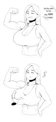 anon big_breasts black_and_white blush disembodied_hand freya_(setawar) funny grabbing_breasts halfbody huge_breasts meme muscular muscular_female setawar_(coco) sports_bra tight_grip upper_body_focus white_background