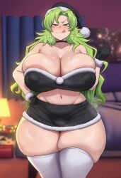 1girls 2d :q ai_generated areola areola_slip areolae areolae_slip ass bed bedroom big_ass big_breasts big_butt big_thighs black_choker black_gloves black_skirt bleach blurry blurry_background blush breasts candice_catnipp choker christmas cleavage covered_nipples curvy female female_only fur-trimmed_headwear fur_trim gigigens gloves green_eyes green_hair hand_on_own_hip hat huge_breasts huge_thighs indoors lamp large_areolae large_ass large_breasts large_butt large_nipples large_thighs licking_lips long_hair looking_at_viewer massive_breasts midriff miniskirt naughty_face navel nipple_bulge nipples nipples_visible_through_clothing puffy_nipples santa_costume santa_hat skindentation skirt smile solo solo_female steam sweat thick_ass thick_butt thick_thighs thighhighs thighs tongue tongue_out white_thighhighs wide_hips