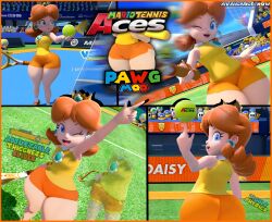 3d blue_eyes brown_hair clothing edit female female_only looking_at_viewer mario_(series) mario_tennis mod nintendo orange_shorts outdoors pawg princess_daisy short_hair showcase sky solo standing tennis text thick_thighs thordersfm wide_hips