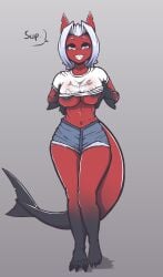 dialogue female holding_breast jorts nyx_(quin-nsfw) original piercing quin-nsfw rolled_up_shirt shark tail toned_female underboob