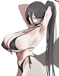 1girls absurdres armpits arms_behind_head arms_up bikini black_bikini black_choker black_hair black_wings blue_archive blush breasts choker closed_eyes commentary female front-tie_bikini_top front-tie_top hair_between_eyes halo hasumi_(blue_archive) hasumi_(swimsuit)_(blue_archive) highres huge_breasts long_hair long_hair_between_eyes mole mole_under_eye official_alternate_costume ponytail side-tie_bikini_bottom simple_background skindentation solo string_bikini sweat swimsuit symbol-only_commentary toma_(toma50) tying_hair very_long_hair white_background wings