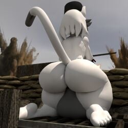 3d 3d_(artwork) 3d_model anthro big_balls big_butt explosion furry machine_gun naked trench white_tiger world_war_1