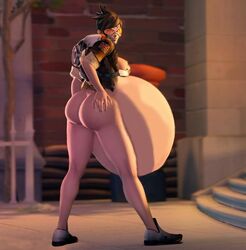 3d 3d_(artwork) anthro ass belly big drelard edit edited female female_only hand_on_butt huge_belly looking_at_viewer looking_back overwatch pregnant ready_to_pop sideboob solo tracer union_jack