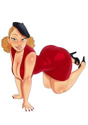 1girls all_fours ass benjicomix bent_over beret big_ass big_breasts big_lips black_eyes breasts cleavage dress ear_piercing earrings female female_only footwear hair hat headwear heels high_heels huge_ass lips nail_polish nails original original_character plump_lips red_dress red_nail_polish red_nails solo solo_female thick_lips tonisha_(benjicomix)