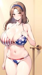 ai_generated american_flag_bikini big_breasts bikini blue_headband brown_eyes brown_hair brunette busty embarrassed enormous_breasts half-dressed half_naked hand_on_breast headband huge_breasts large_breasts milf pale_skin standing