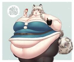 1girls 2023 arknights bbw belly belly_overhang better_with_salt braided_hair breasts cleavage ear_tuft english english_text fat female female_focus grey_eyes grey_hair hi_res high_resolution highres hips huge_belly huge_breasts leopard_ears leopard_tail navel obese obese_female overweight overweight_female plump pramanix_(arknights) snow_leopard_ears snow_leopard_tail solo solo_female solo_focus speech_bubble text wide_hips