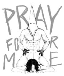 1boy ass balls black_hair christianity covered_eyes cross dominated domination girl_on_bottom girly gloves holy mask masked_male nazareno praying straight