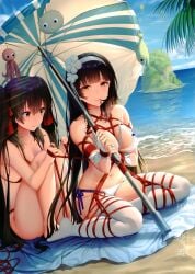 2girls arms_tied beach beach_towel beach_umbrella bikini black_hair bondage breasts brown_eyes clouds girls'_frontline hair_ribbon hairband haneru large_breasts legs_tied long_hair looking_at_viewer midriff navel ocean outside red_bikini red_swimsuit rope rope_between_breasts rope_bondage side-tie_bikini side-tie_swimsuit sky swimsuit thighhighs towel twintails type_95_(girls'_frontline) type_97_(girls'_frontline) umbrella water white_bikini white_swimsuit