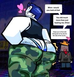 ass_cleavage ass_expansion ass_focus big_belly blue_hair blue_underwear bottom_heavy builderman builderman_(forsaken) bulge_between_ass_cheeks bulge_through_clothing butt_crack butt_focus camouflage clothed dialogue digested digested_prey elliot_(forsaken) elliot_(work_at_a_pizza_place) facial_crest facial_hair fat_ass forsaken forsaken_(roblox) guest_1337_(forsaken) guest_1337_(the_last_guest) lasso_tool male male/male male_ass male_butt male_pred male_prey no_nude post-digestion post-vore post-vore_weight_gain predator/prey roblox robloxian sagging_pants shocked soldier sparkly_underwear struggling_prey tank_top the_last_guest thong vore vore_belly watching white_skin work_at_a_pizza_place
