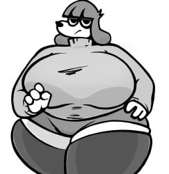 1girls bedroom_eyes big_ass big_breasts big_hips black_and_white black_thighhighs clothing dog_girl fat fat_ass fifi_(somemf) furry furry_female grey_hair grey_hoodie grey_shorts hand_on_hips la_tiapat looking_at_viewer monochrome obese_female poodle short_hair shorts white_background