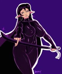 1girls big_breasts black_hair bmxii bodysuit breasts dark_elf dark_skin earrings elf female female_only jpeg latex latex_suit long_hair miffyre_(bmxii) nipple_bulge original original_character purple_bodysuit purple_eyes signature skin_tight solo thick_thighs tight_clothing