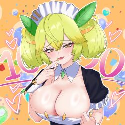 1girls big_breasts black_dress blush breasts cleavage clothes_pull detached_collar dress duel_monster female green_hair hair_ornament large_breasts looking_at_viewer maid maid_headdress massive_breasts milestone_celebration no_bra oldsickkim parlor_dragonmaid smug upper_body yellow_eyes yu-gi-oh!