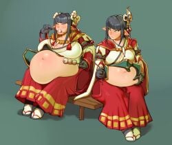 2024 2girls absurd_res bbw belly black_hair breasts capcom dango duo duo_focus fat female_focus female_only gigantic_belly green_eyes hinoa holding_belly huge_belly huge_breasts human human_only long_hair minoto monster_hunter monster_hunter_rise navel obese obese_female overweight overweight_female pirozhok pointy_ears siblings sisters wardrobe_malfunction wyverian