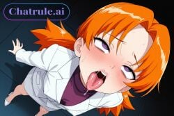 1girl ahegao_face ai_assisted ai_generated anime_coloring anime_screencap cassidy_(pokemon) detailed_face high_angle high_heels huge_eyes indoors laboratory long_coat long_hair long_sleeves naked parted_bangs petite_breasts purple_eyes small_breasts twintails visible_breasts visible_nipples white_shoes