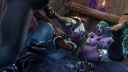 1boy 2girls 2girls1boy armor banshee_(warcraft) big_breasts bisexual bisexual_(female) blonde_hair cunnilingus dark_ranger female femdom forsaken green_hair hand_on_head knot knotted_penis licking_pussy male night_elf purple_skin red_eyes restrained restrained_arms spread_legs sylvanas_windrunner tyrande_whisperwind undead undead_(warcraft) undead_female vaginal_penetration worgen world_of_warcraft zentaeron