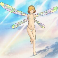 alternate_costume artist_name atlus barefoot bikini blue_eyes blush fairy fairy_wings gallica hairband metaphor_refantazio orange_hair pointy_ears sekaight small_breasts swimsuit