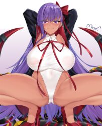 arm_behind_head armpits bb_(fate) bb_(swimsuit_mooncancer) bb_(swimsuit_mooncancer)_(third_ascension)_(fate) big_breasts blush breasts cape coat fate/extra_ccc fate/grand_order fate_(series) gloves high_leg_leotard highres legs leotard licking_lips looking_at_viewer mrnn open_legs purple_eyes purple_hair red_heels ribbon smile squatting sweat swimsuit tanned_skin very_long_hair white_leotard wings
